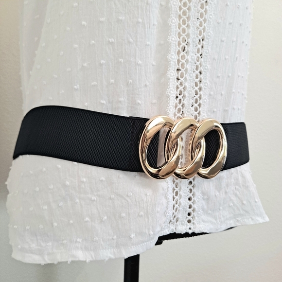 Black wide corset elastic boho stretch waist belt triple Gold chain link belt - Picture 13 of 14